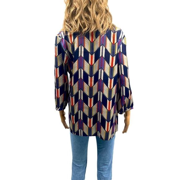 Tulle V-Neck Chevron Blouse, Blue Multicolor, Size L - Picture 4 of 6